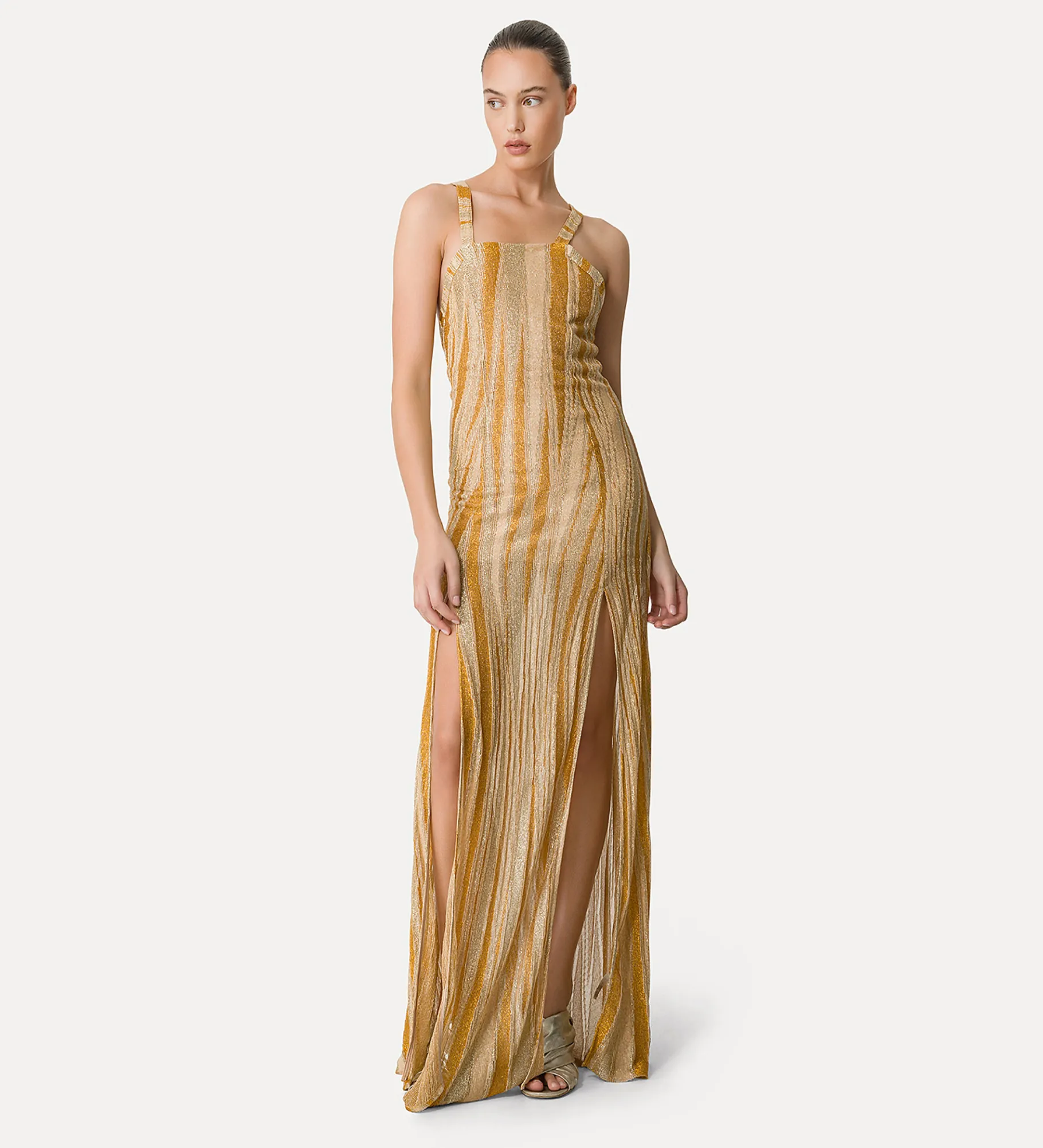 New forte_forte abito lungo scollo quadrato in jersey lurex gold