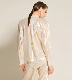 Hot forte_forte la camicia con fiocco in georgette laminata light gold