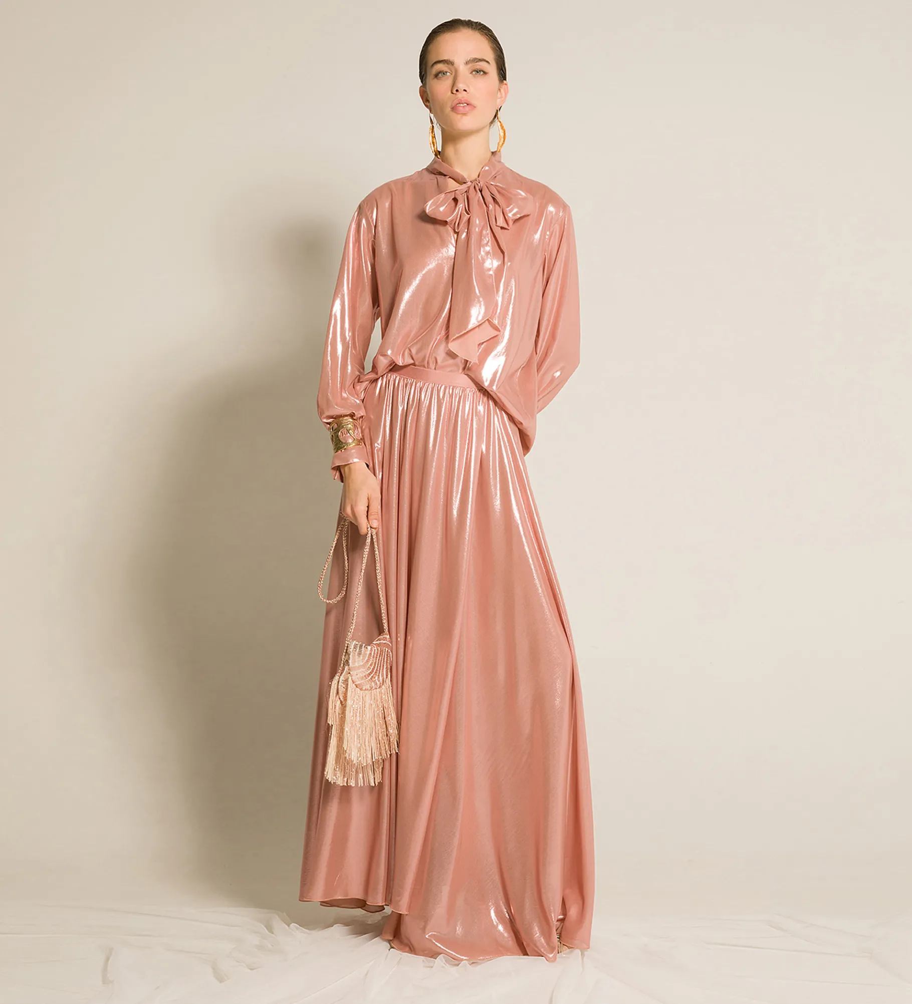 New forte_forte la camicia con fiocco in georgette laminata rose