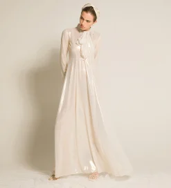 Sale forte_forte l’abito con fiocco in georgette laminata light gold