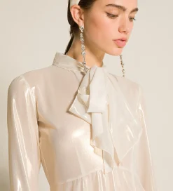 Sale forte_forte l’abito con fiocco in georgette laminata light gold