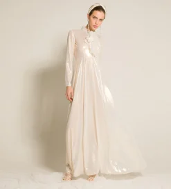 Sale forte_forte l’abito con fiocco in georgette laminata light gold