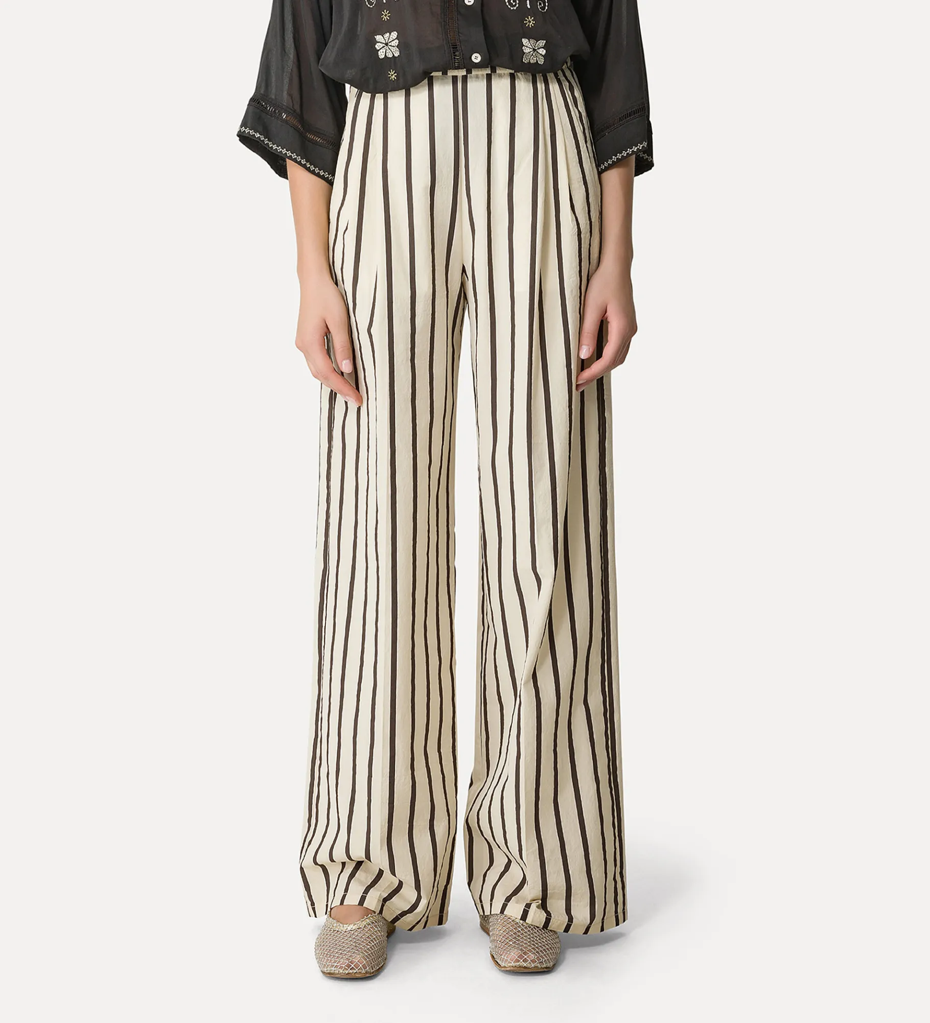 Outlet forte_forte pantalone wide leg con riga gessata orchidea