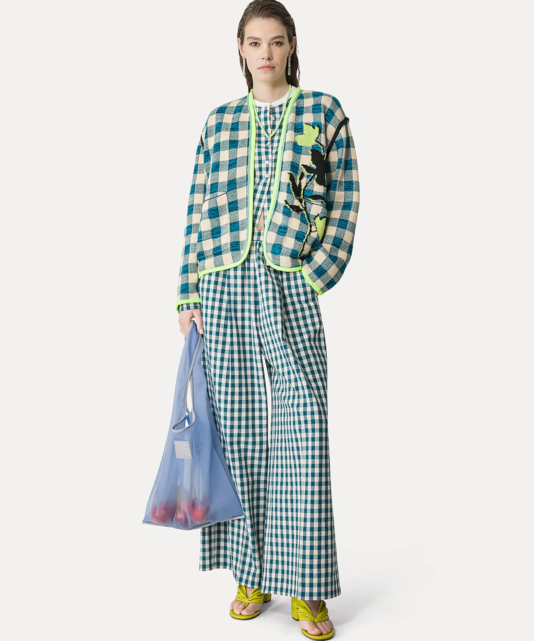 New forte_forte pantaloni palazzo in vichy pavone peacock